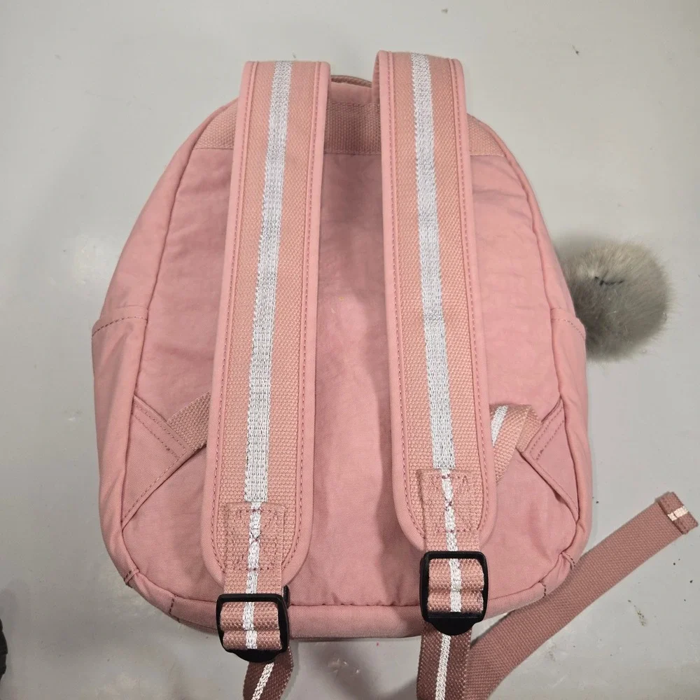 Kipling Pink Nylon Small Backpack Kaylee Embroidery Pom Pom Keychain Bag